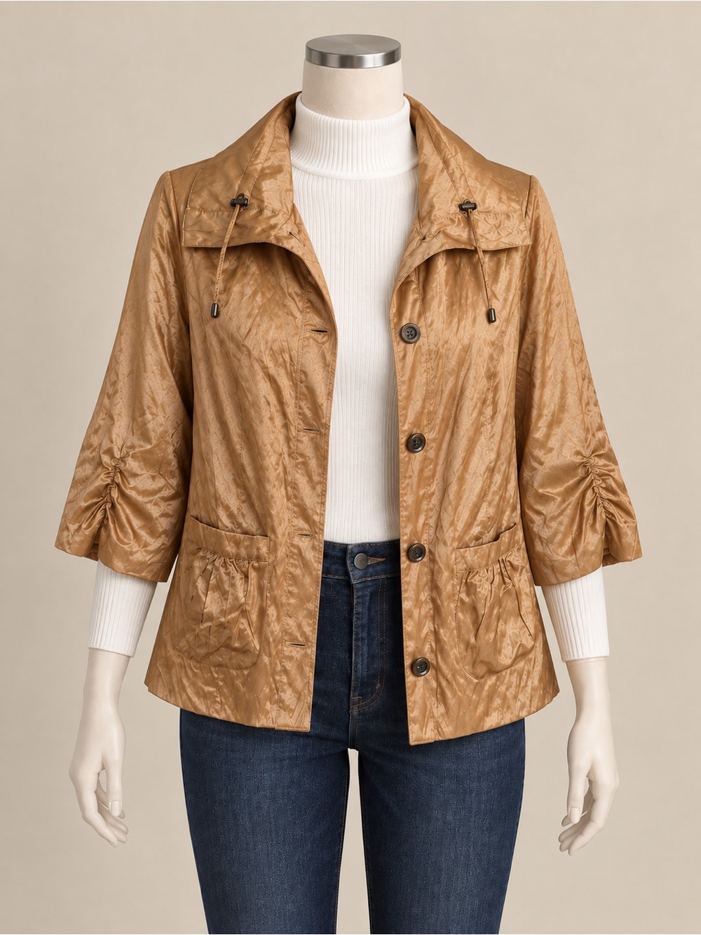 Ruby Rd Metallic Gold Jacket 18W-XL 3/4 Sleeve Pockets Metal Buttons